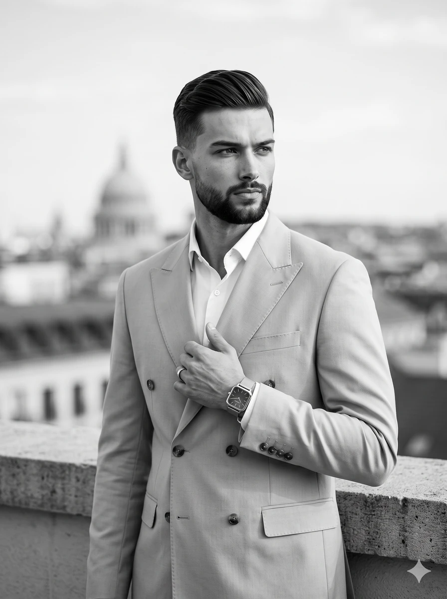 An adult male with a meticulously groomed beard stands positioned center-...