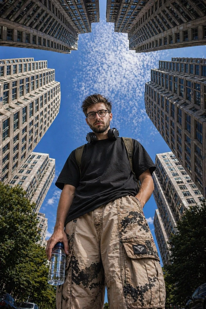 Ultra-realistic low-angle street photography of a young man standing conf...