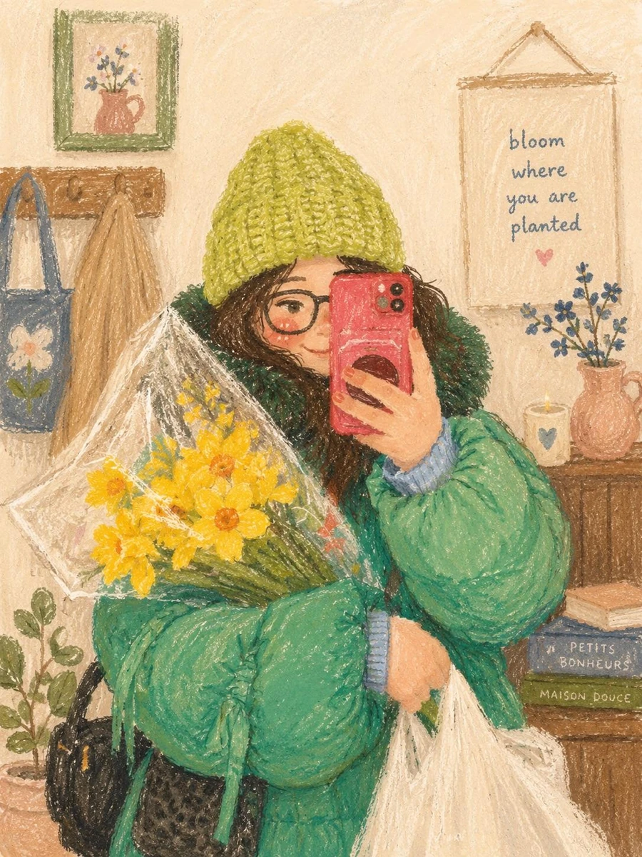 Cute cozy oil pastel illustration, soft textured crayon art style, aesthe...