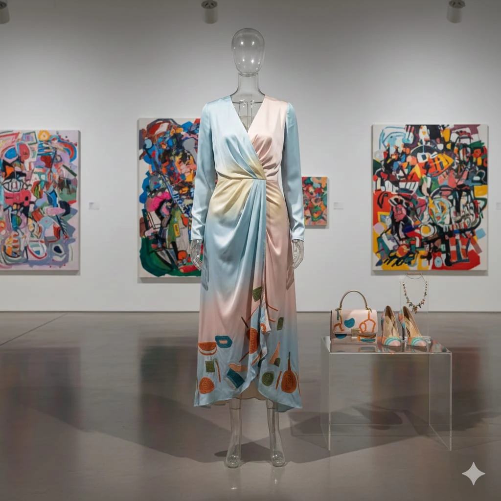 A stylish, modest dress displayed on a mannequin, with a flowing midi-len...