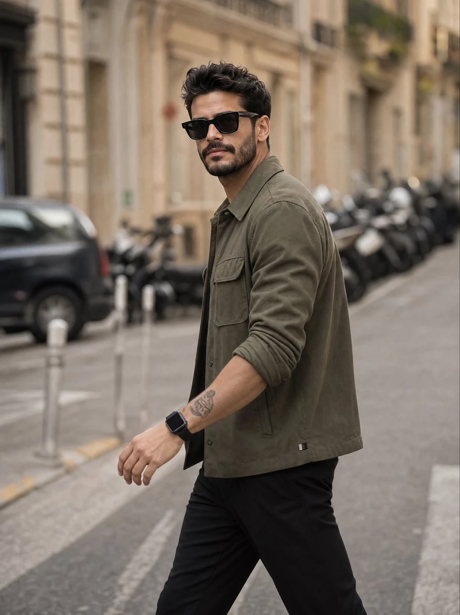 A stylish bearded man walking casually across a quiet European-style city...