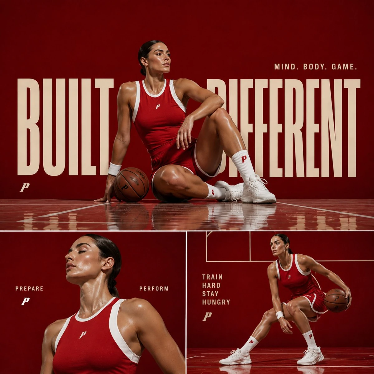 Ultra-premium sports editorial poster collage of a powerful female basket...