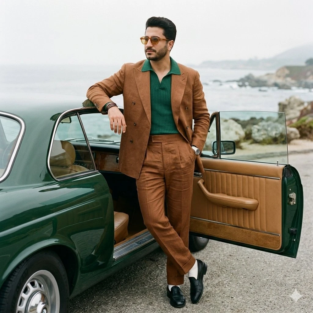 A stylish South Asian man in his late 20s to early 30s with sharp beard a...