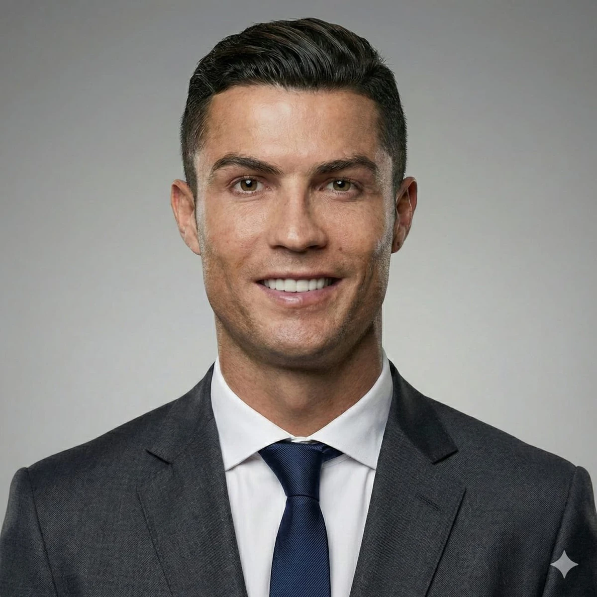 A realistic studio portrait of a handsome adult man/woman with short, nea...