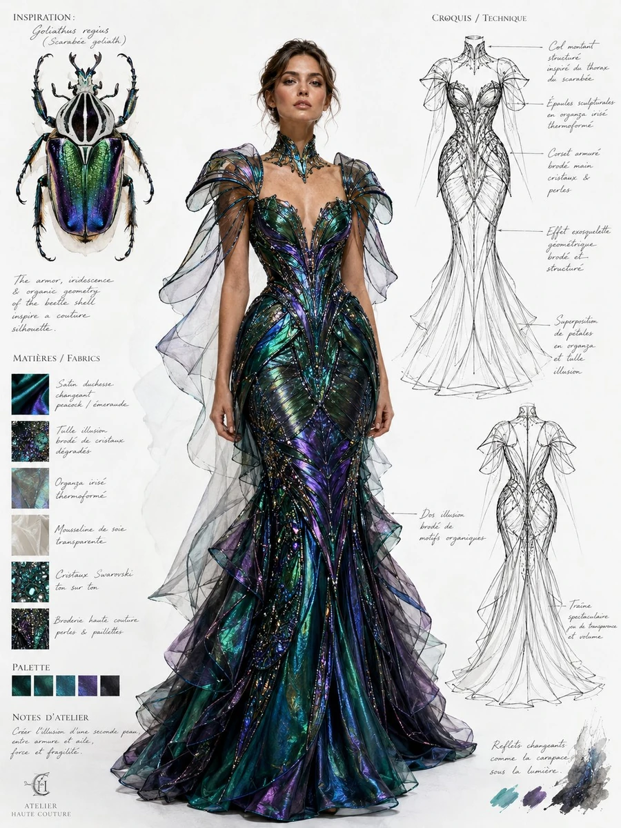 Ultra-luxury haute couture fashion design sheet inspired by an iridescent...