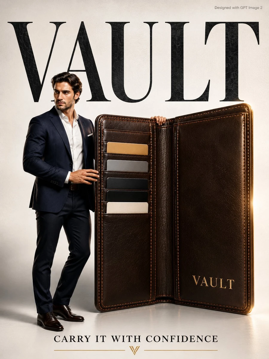 A sleek premium mens accessory advertisement poster. A sharp young profes...